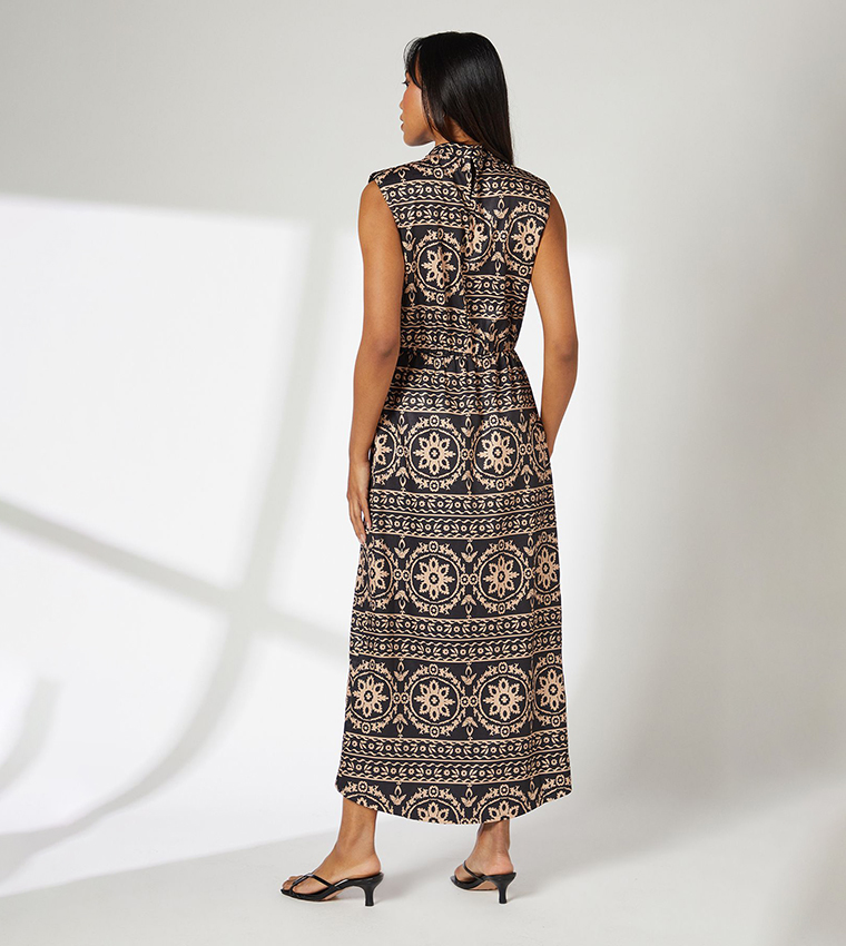 Tile Print Cowl Neck Woven Midi Dress