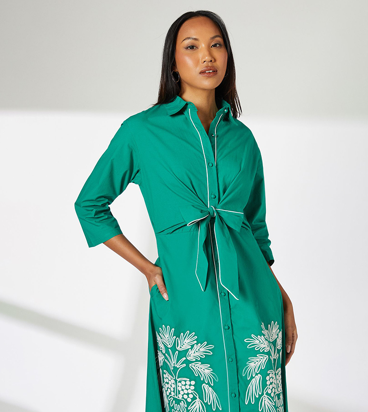 Embroidered 3/4 Sleeves Midi Shirt Dress
