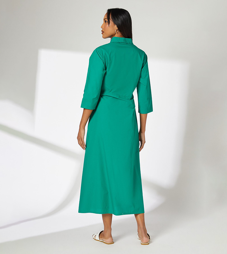 Embroidered 3/4 Sleeves Midi Shirt Dress