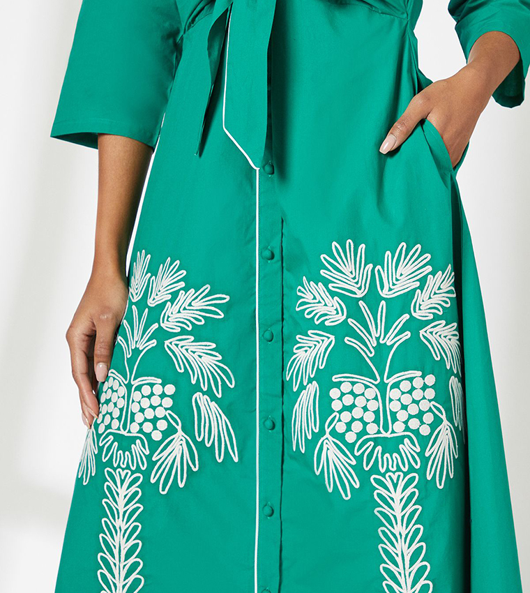 Embroidered 3/4 Sleeves Midi Shirt Dress