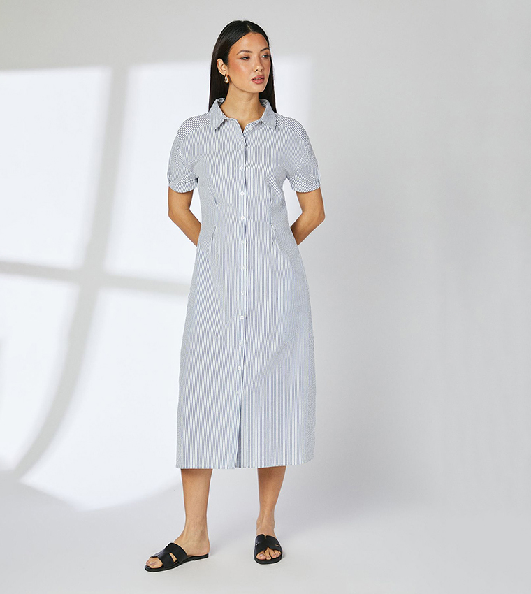 Striped Dart Detail Seersucker Shirt Dress