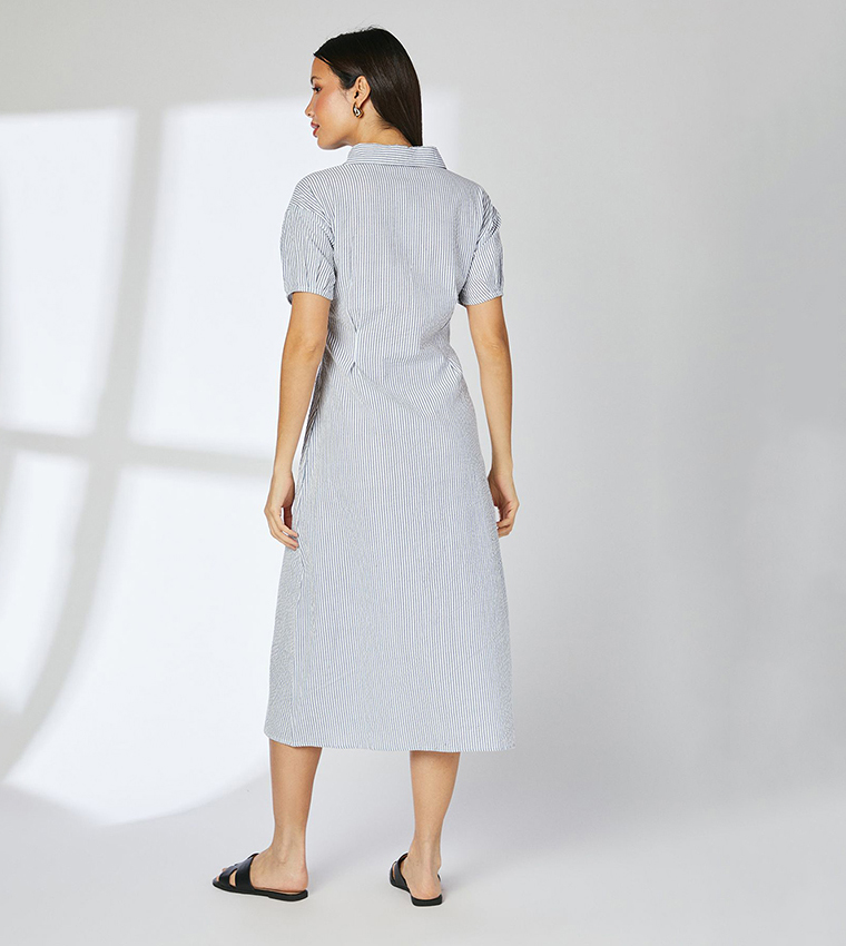 Striped Dart Detail Seersucker Shirt Dress