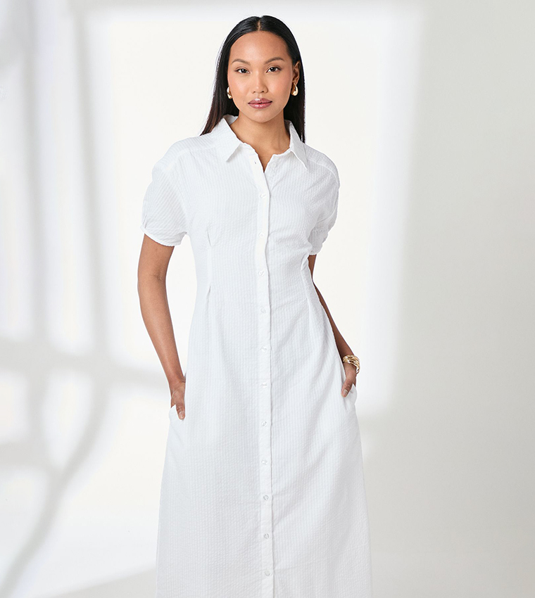 Dart Detail Seersucker Shirt Dress