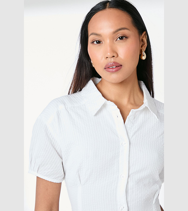 Dart Detail Seersucker Shirt Dress
