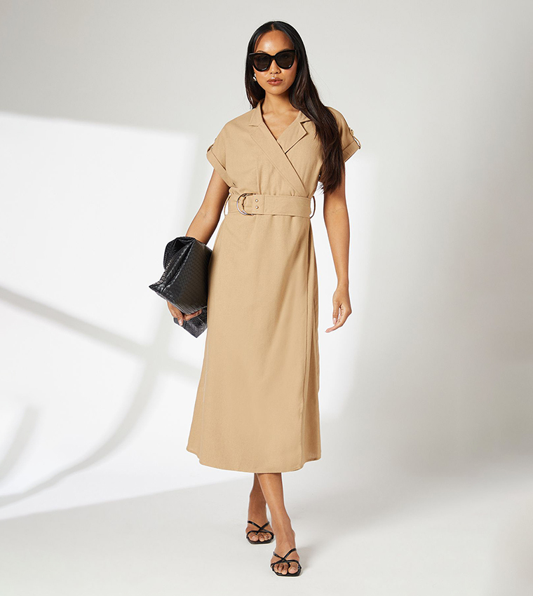 Linen Blend Utility Midi Dress