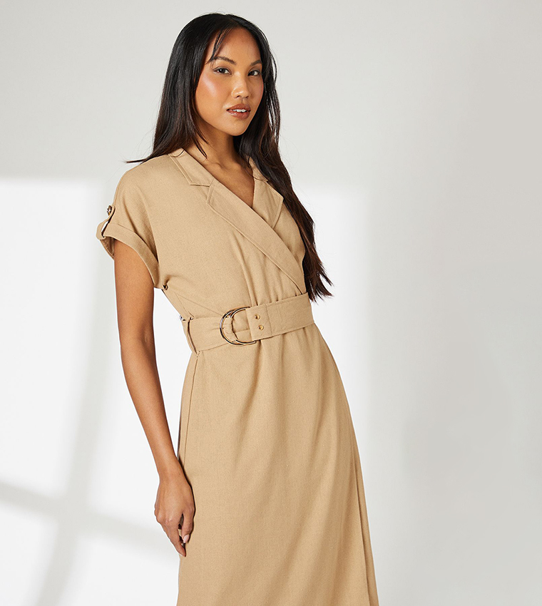 Linen Blend Utility Midi Dress