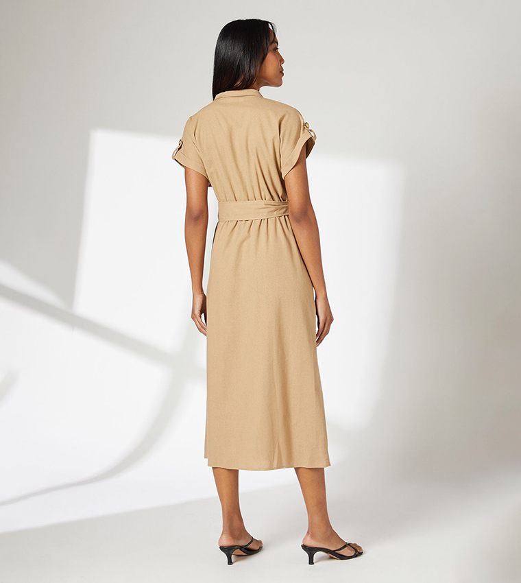 Linen Blend Utility Midi Dress