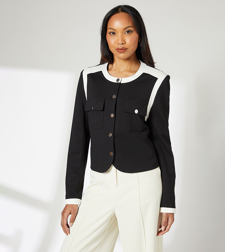 Color Block Cropped Pocket Detail Jacket