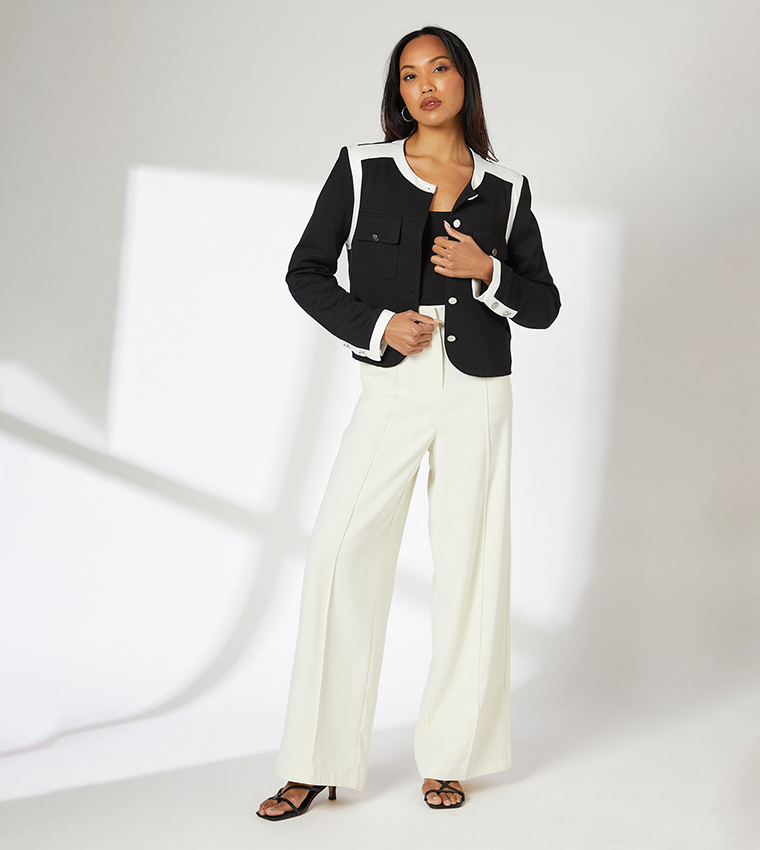 Color Block Cropped Pocket Detail Jacket