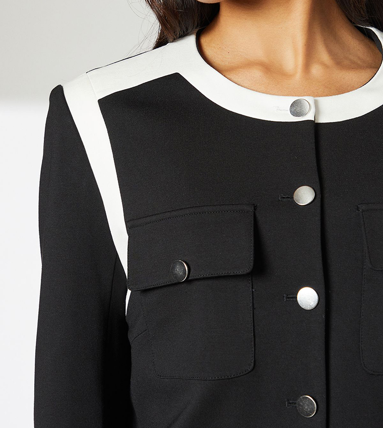 Color Block Cropped Pocket Detail Jacket