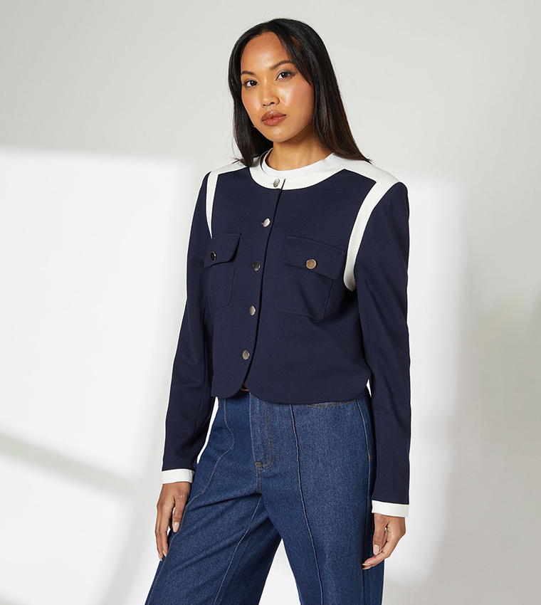 Color Block Cropped Pocket Detail Jacket