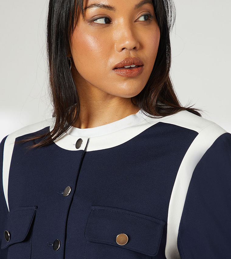 Color Block Cropped Pocket Detail Jacket
