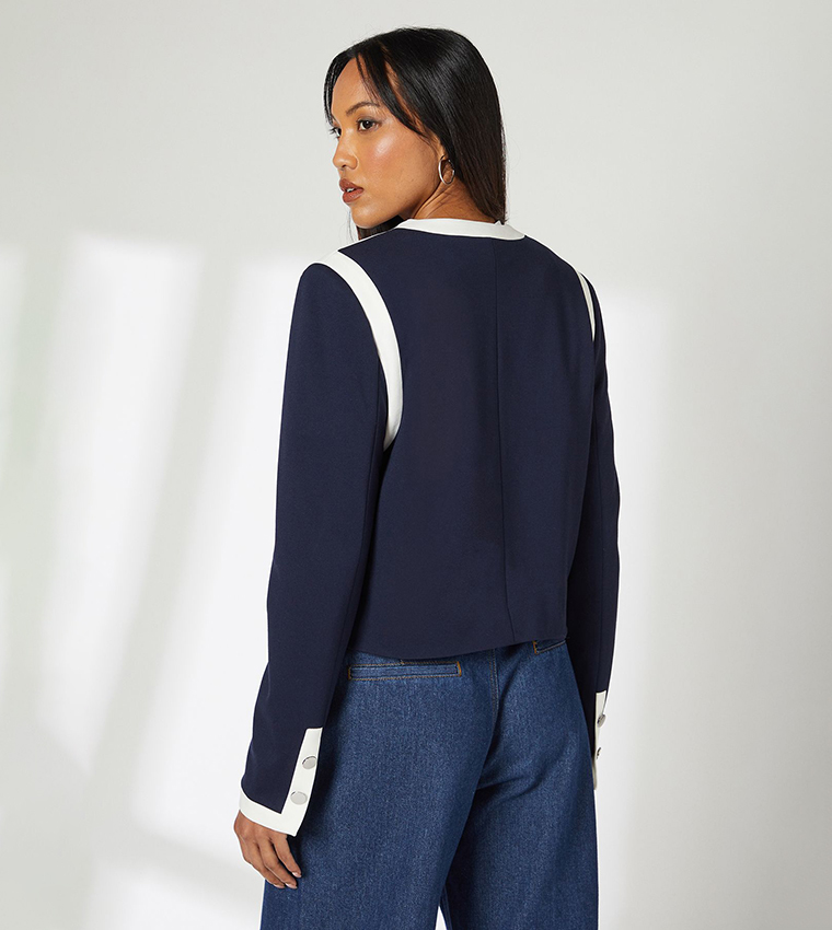 Color Block Cropped Pocket Detail Jacket