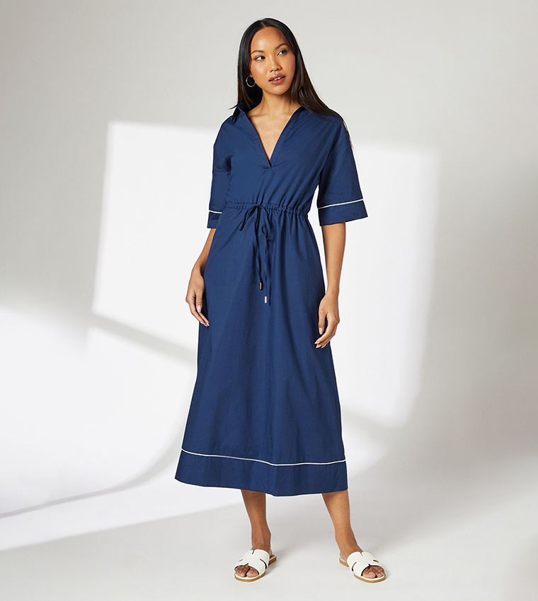 Solid Short Sleeves Poplin Midi Dress