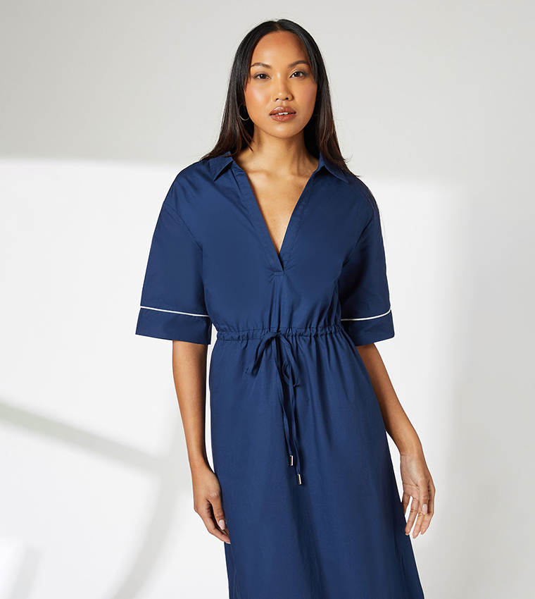 Solid Short Sleeves Poplin Midi Dress