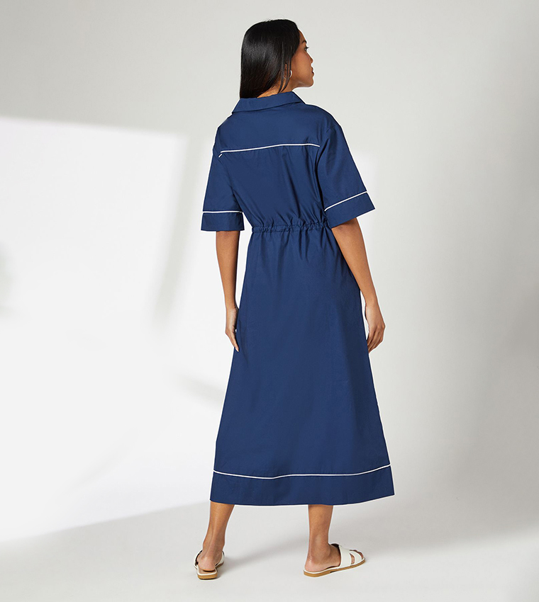 Solid Short Sleeves Poplin Midi Dress
