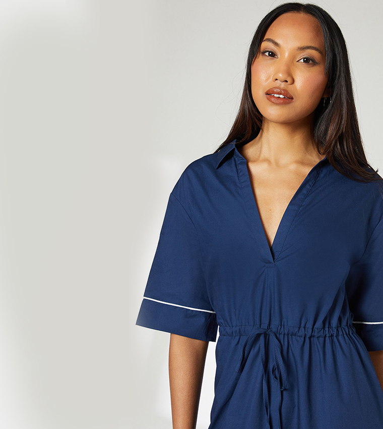 Solid Short Sleeves Poplin Midi Dress