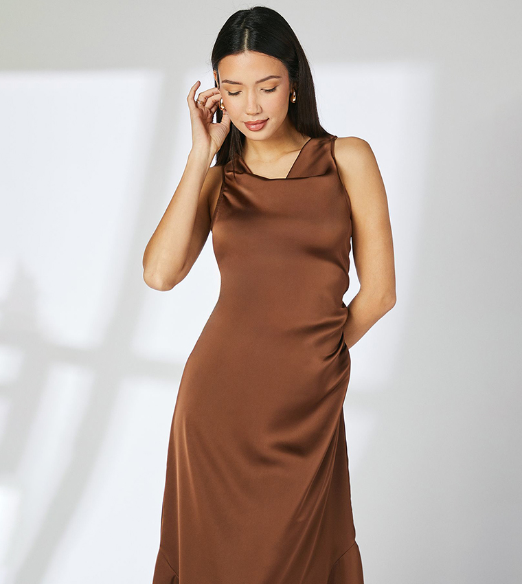 Satin Cowl Neck Midi Dress