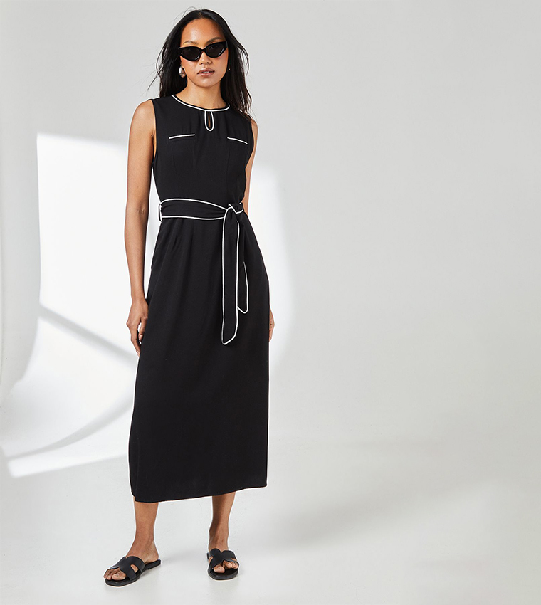Contrast Trim Belted Utility Midi Dress