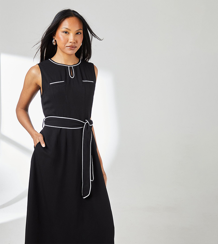 Contrast Trim Belted Utility Midi Dress
