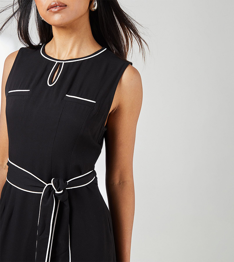Contrast Trim Belted Utility Midi Dress