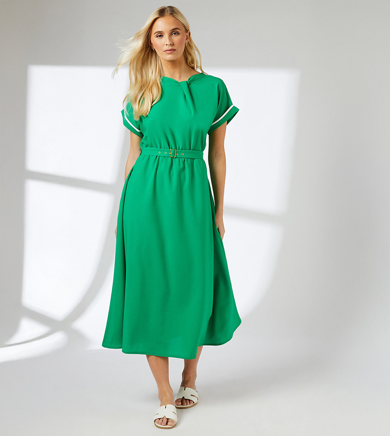 Short Sleeves Belted Midi Dress