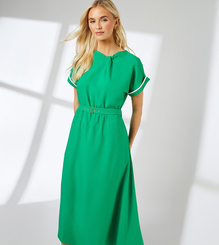 Short Sleeves Belted Midi Dress