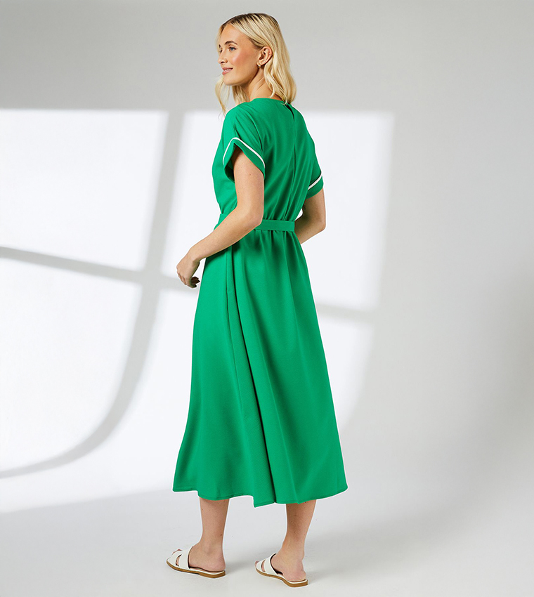 Short Sleeves Belted Midi Dress