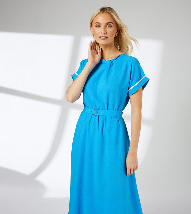 Short Sleeves Belted Midi Dress