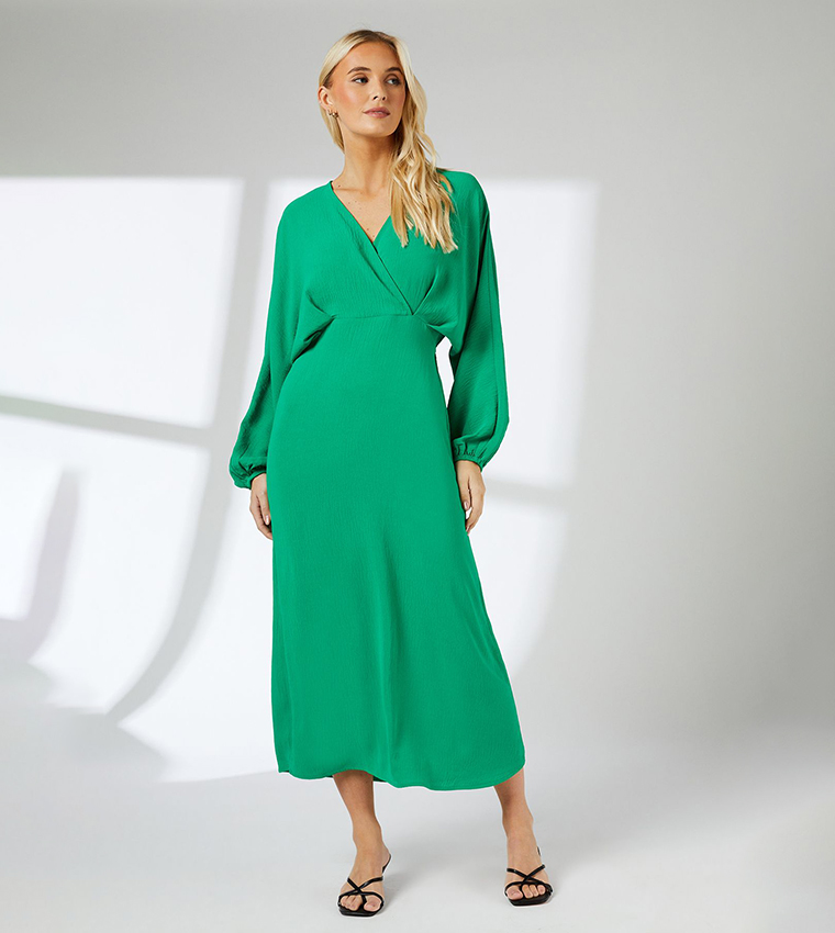 Solid Batwing Sleeves Midi Dress