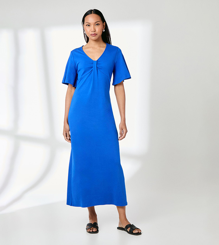 Solid Short Sleeves Jersey Midi Dress