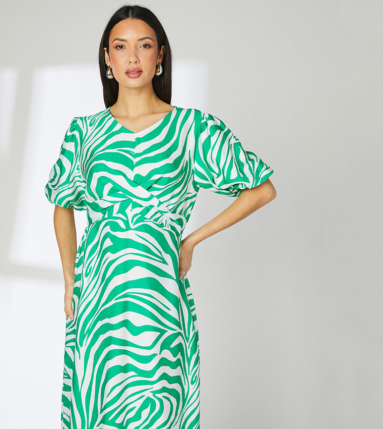 Animal Patterned Tie Front Midi Dress