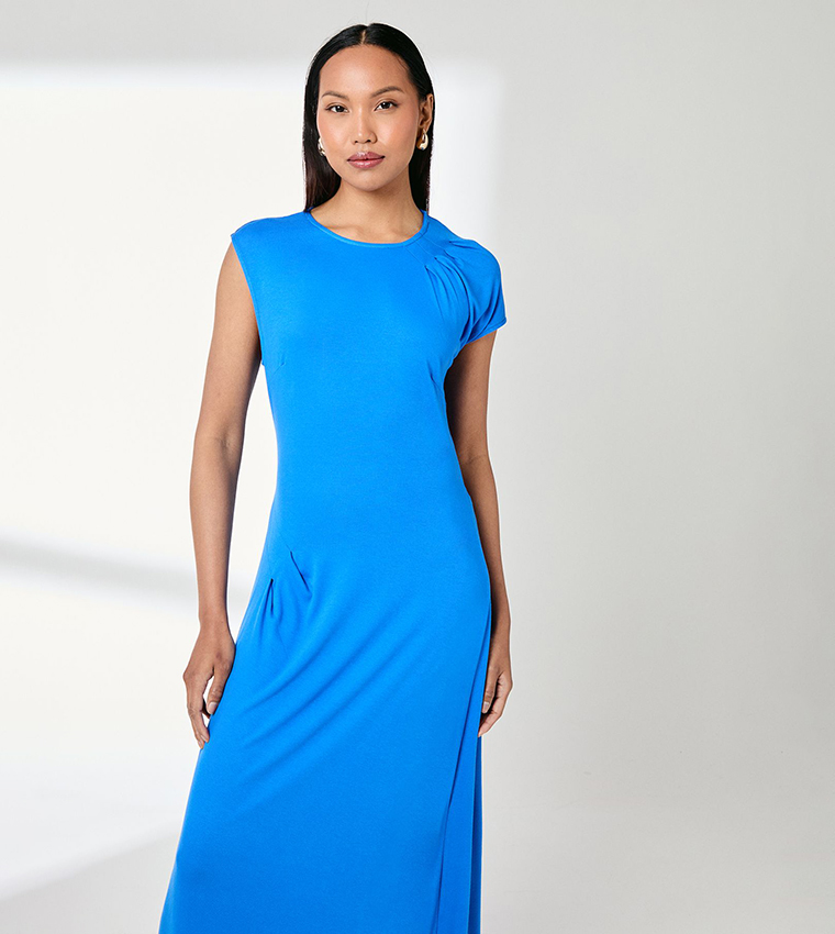 Drape Shoulder Jersey Midi Dress
