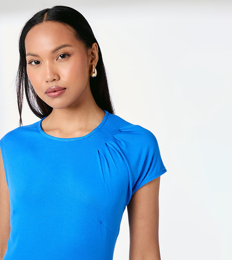 Drape Shoulder Jersey Midi Dress