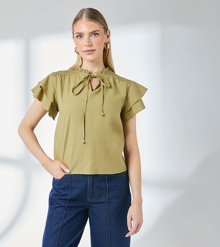 Bubble Hem Flute Sleeves Top