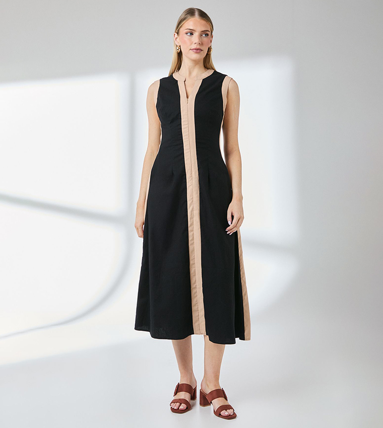 Contrast Stripe Detail Linen Midi Dress