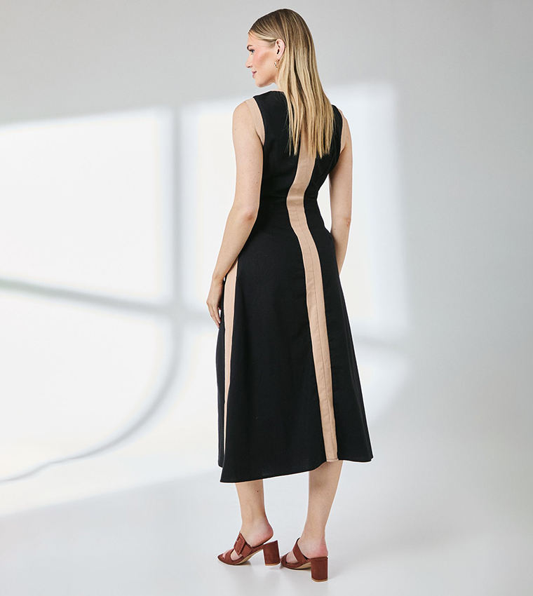 Contrast Stripe Detail Linen Midi Dress