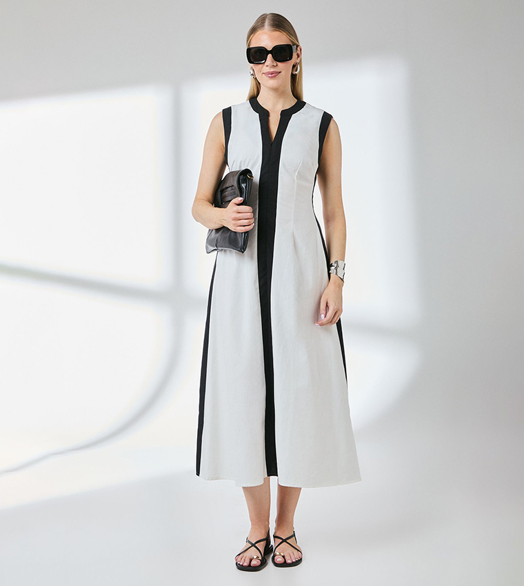 Contrast Stripe Detail Linen Midi Dress