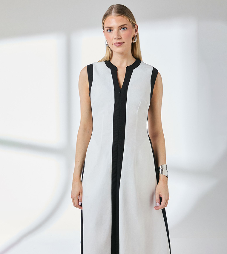 Contrast Stripe Detail Linen Midi Dress