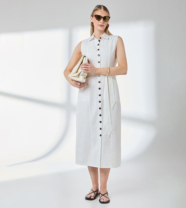 Button Front Linen Column Shirt Dress
