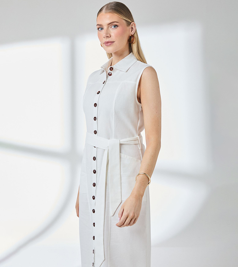 Button Front Linen Column Shirt Dress