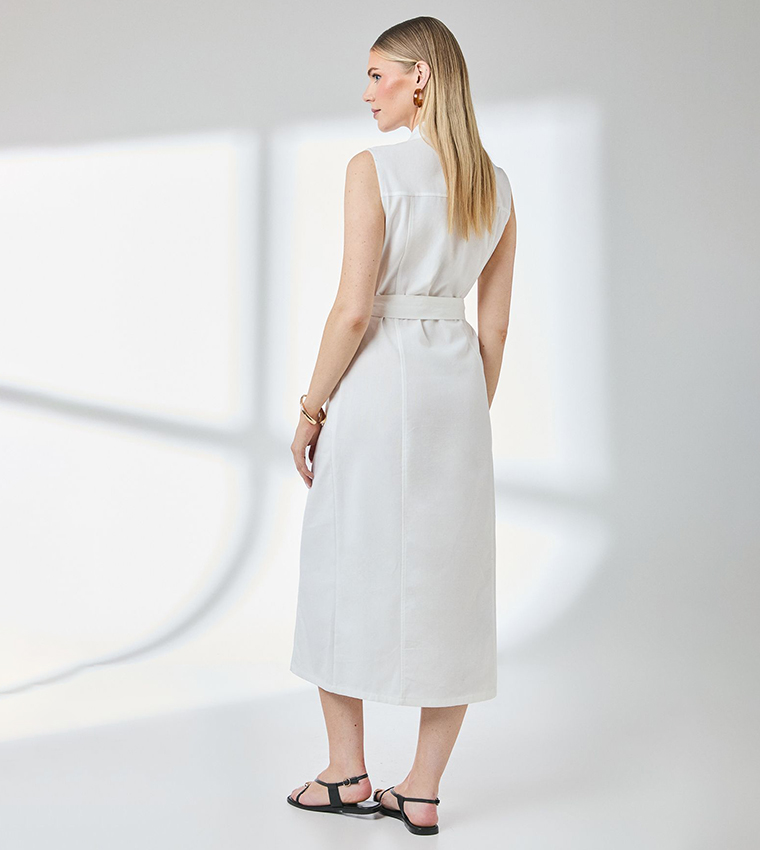 Button Front Linen Column Shirt Dress