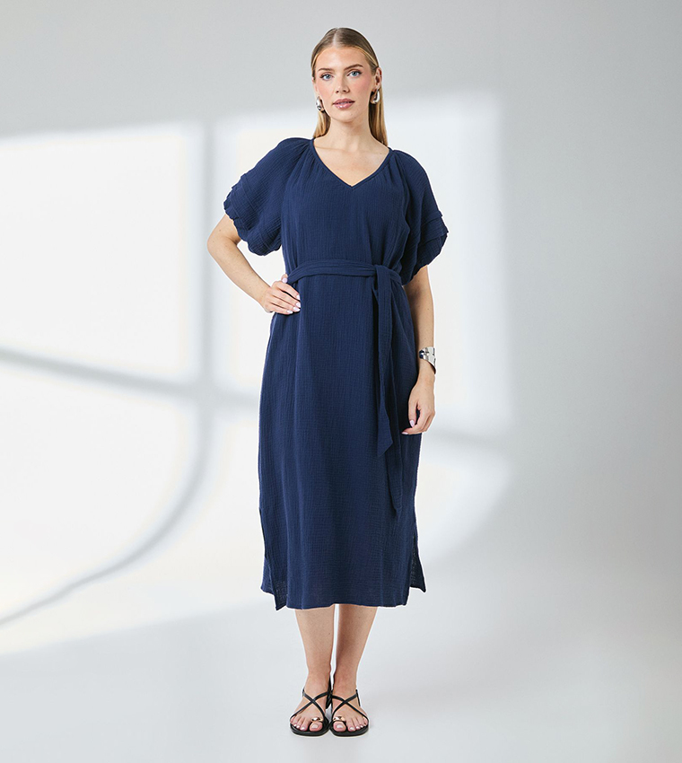 Puff Sleeves Gauze Tie Waist Midi Dress