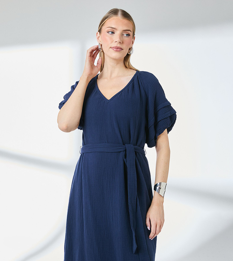 Puff Sleeves Gauze Tie Waist Midi Dress
