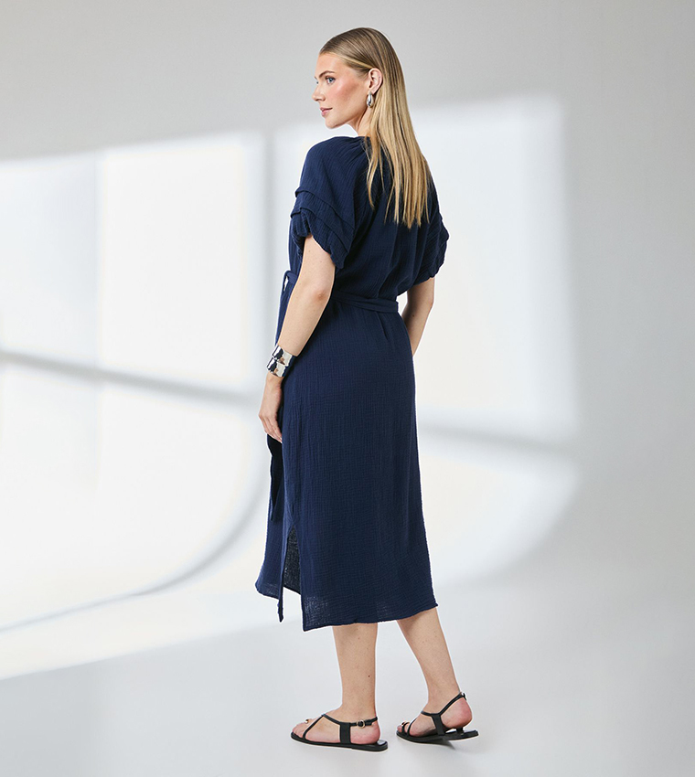 Puff Sleeves Gauze Tie Waist Midi Dress
