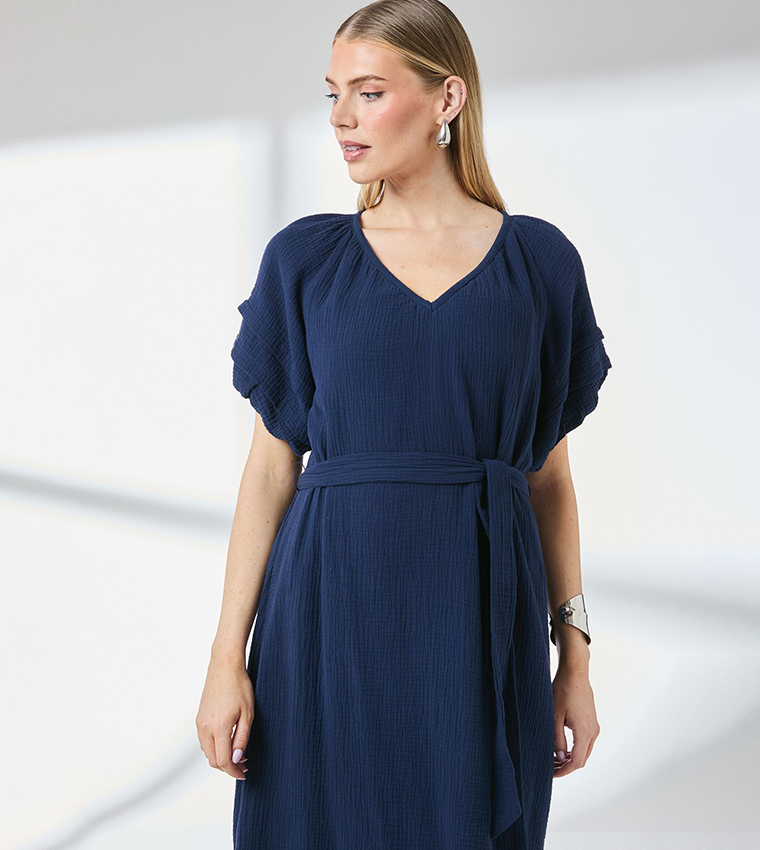 Puff Sleeves Gauze Tie Waist Midi Dress