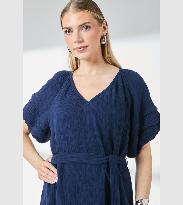 Puff Sleeves Gauze Tie Waist Midi Dress