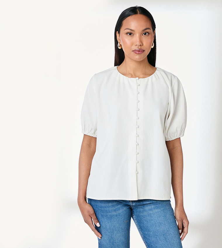 Puff Sleeves Button Front Linen Shirt