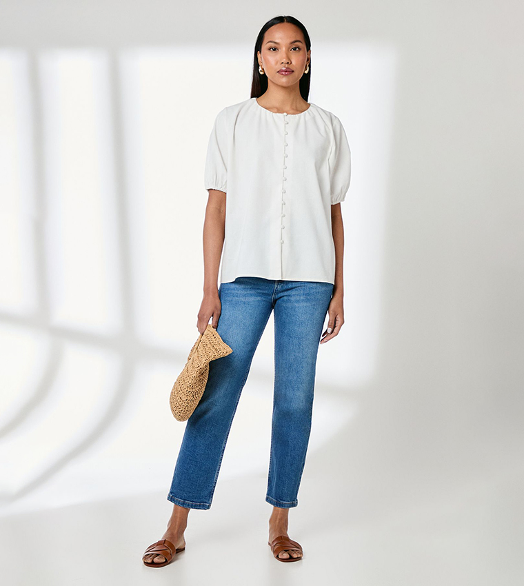 Puff Sleeves Button Front Linen Shirt