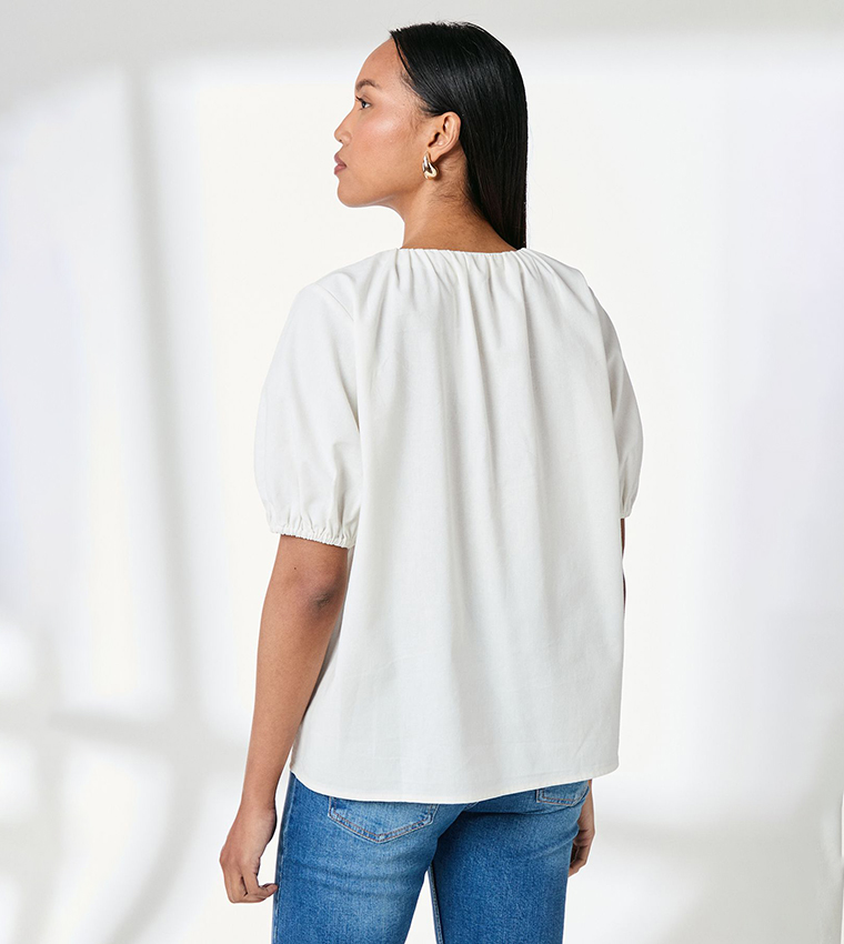 Puff Sleeves Button Front Linen Shirt